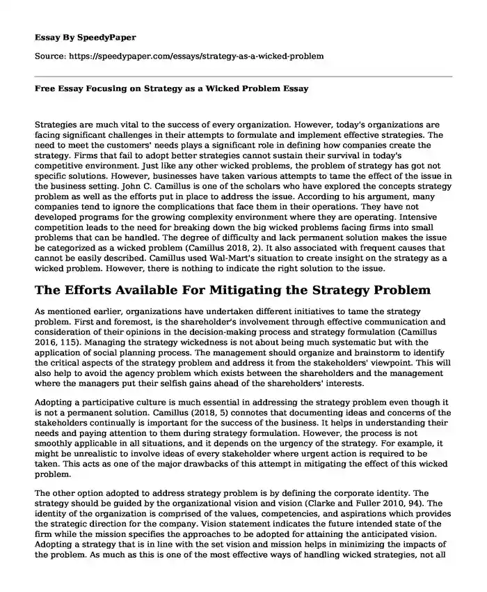 Free Essay Focusing on Strategy as a Wicked Problem