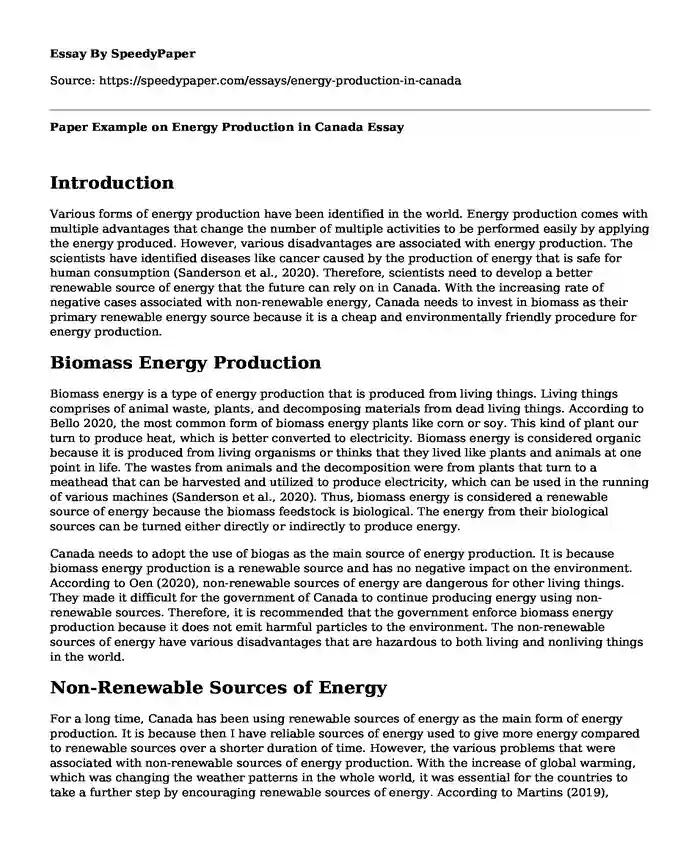 Paper Example on Energy Production in Canada