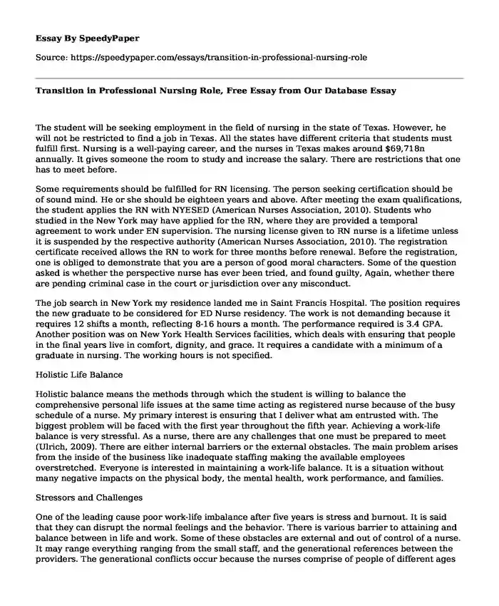 Transition in Professional Nursing Role, Free Essay from Our Database