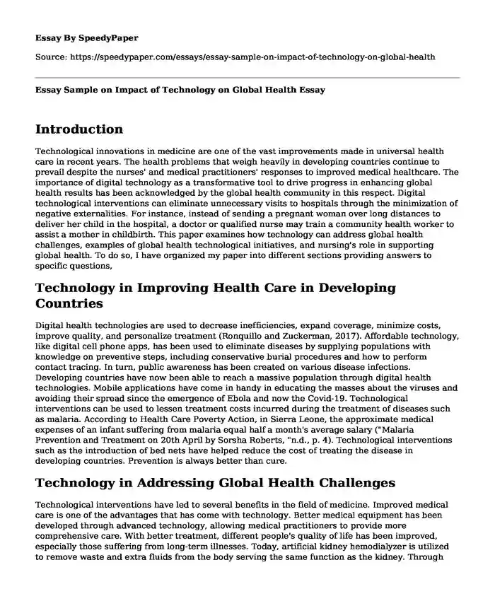 Essay Sample on Impact of Technology on Global Health