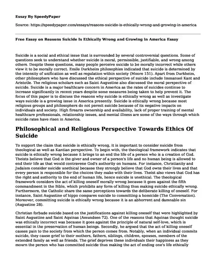 Free Essay on Reasons Suicide Is Ethically Wrong and Growing in America