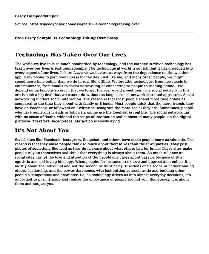 Free Essay Sample: Is Technology Taking Over