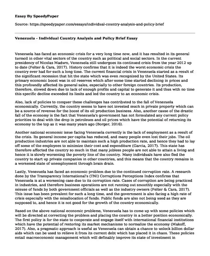 Venezuela - Individual Country Analysis and Policy Brief