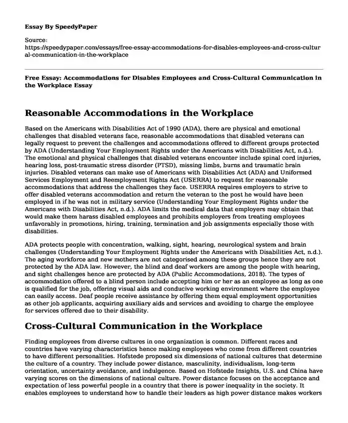 Free Essay: Accommodations for Disables Employees and Cross-Cultural Communication in the Workplace 