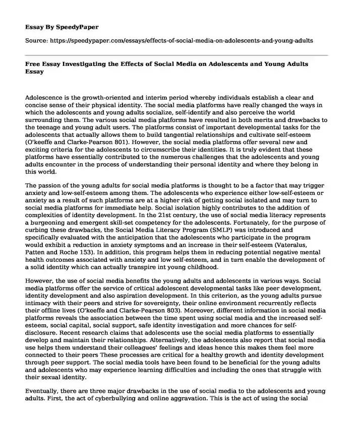 Free Essay Investigating the Effects of Social Media on Adolescents and Young Adults