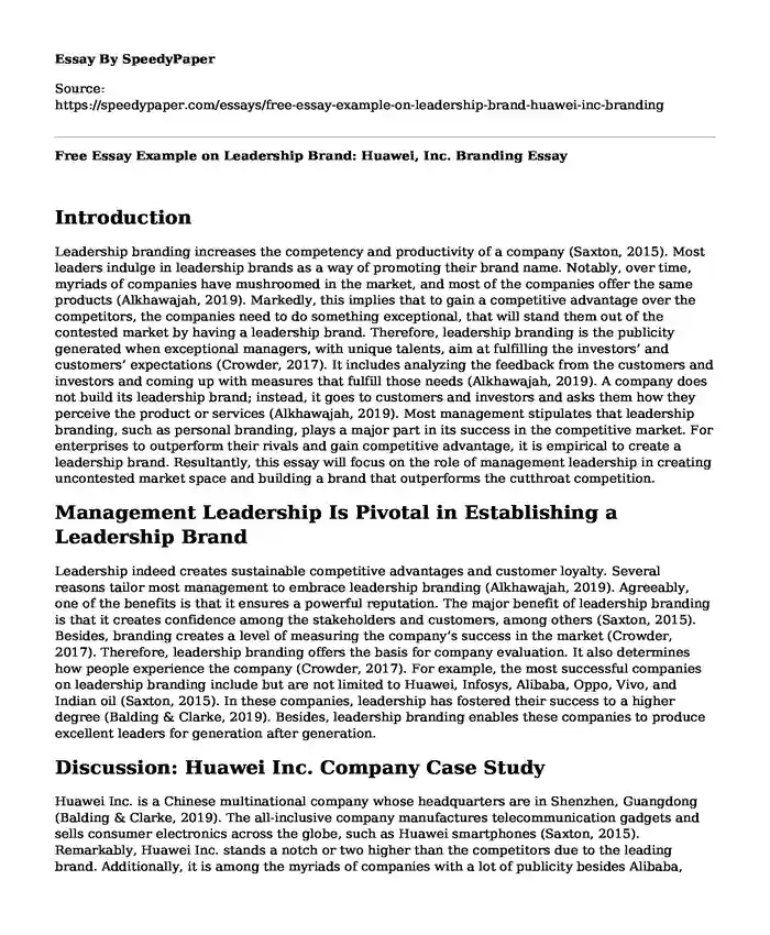 Free Essay Example on Leadership Brand: Huawei, Inc. Branding