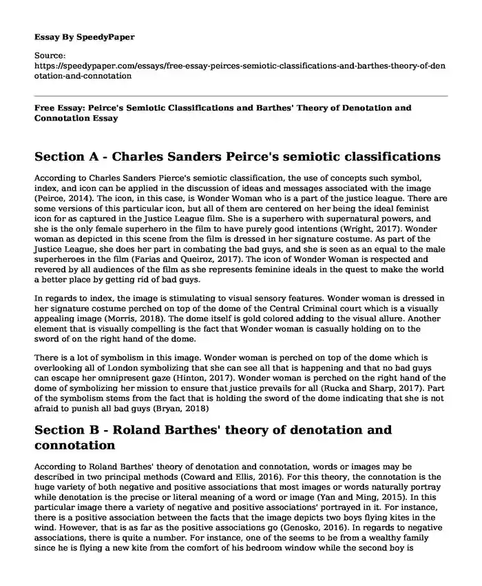 Free Essay: Peirce's Semiotic Classifications and Barthes' Theory of Denotation and Connotation