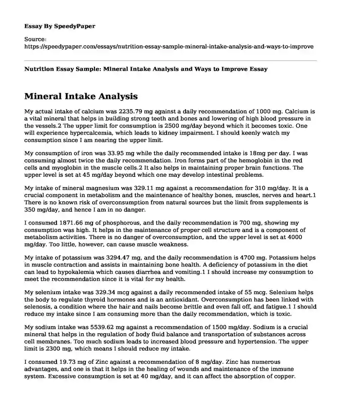 Nutrition Essay Sample: Mineral Intake Analysis and Ways to Improve