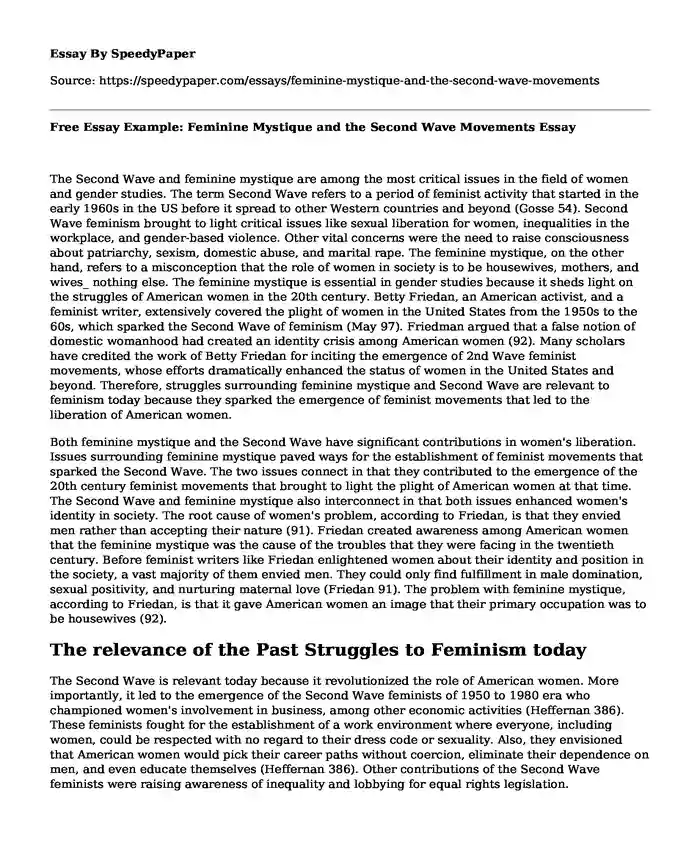 Free Essay Example: Feminine Mystique and the Second Wave Movements