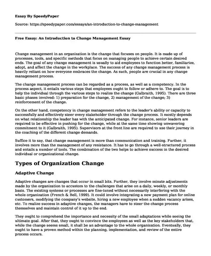 Free Essay: An Introduction to Change Management