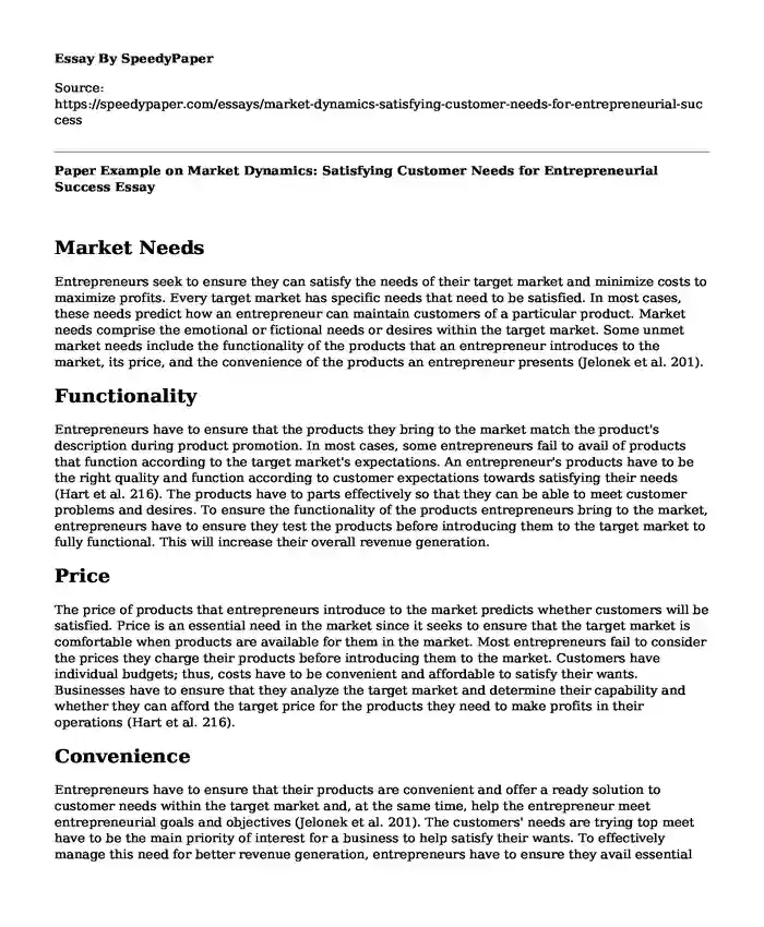 Paper Example on Market Dynamics: Satisfying Customer Needs for Entrepreneurial Success