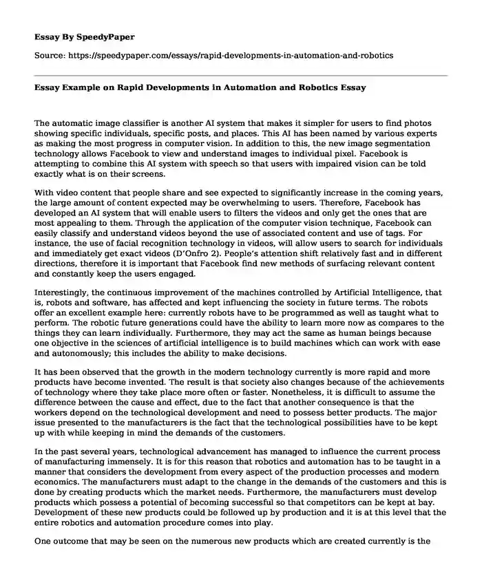 Essay Example on Rapid Developments in Automation and Robotics