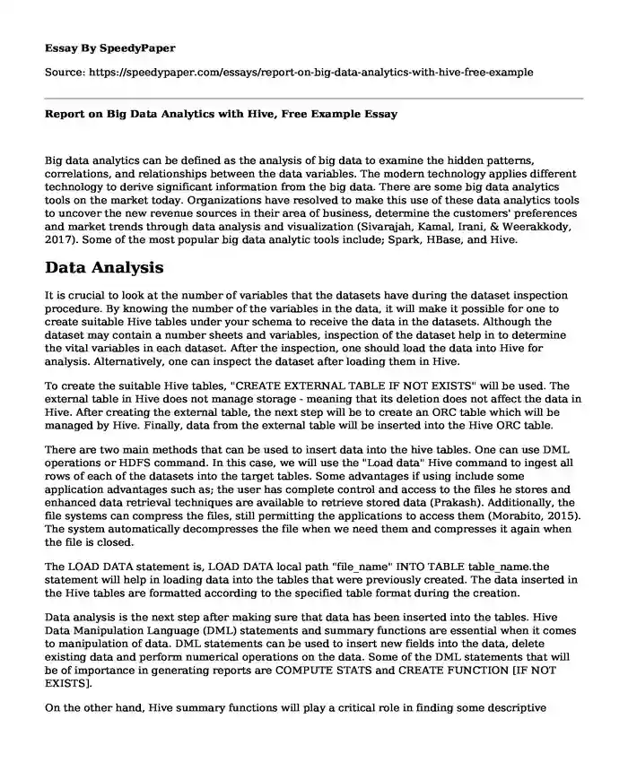 Report on Big Data Analytics with Hive, Free Example