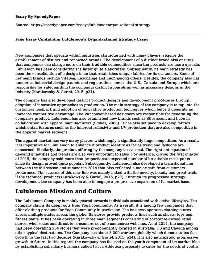 Free Essay Containing Lululemon's Organizational Strategy