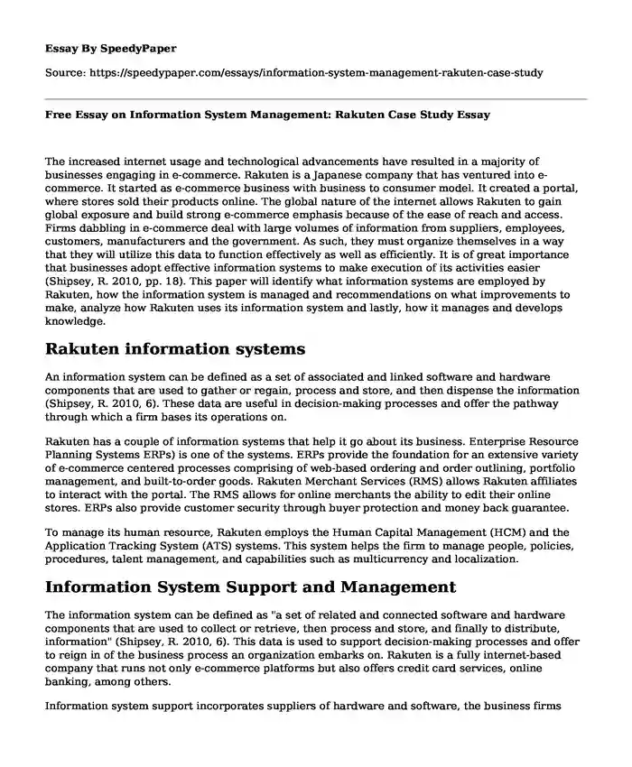 Free Essay on Information System Management: Rakuten Case Study