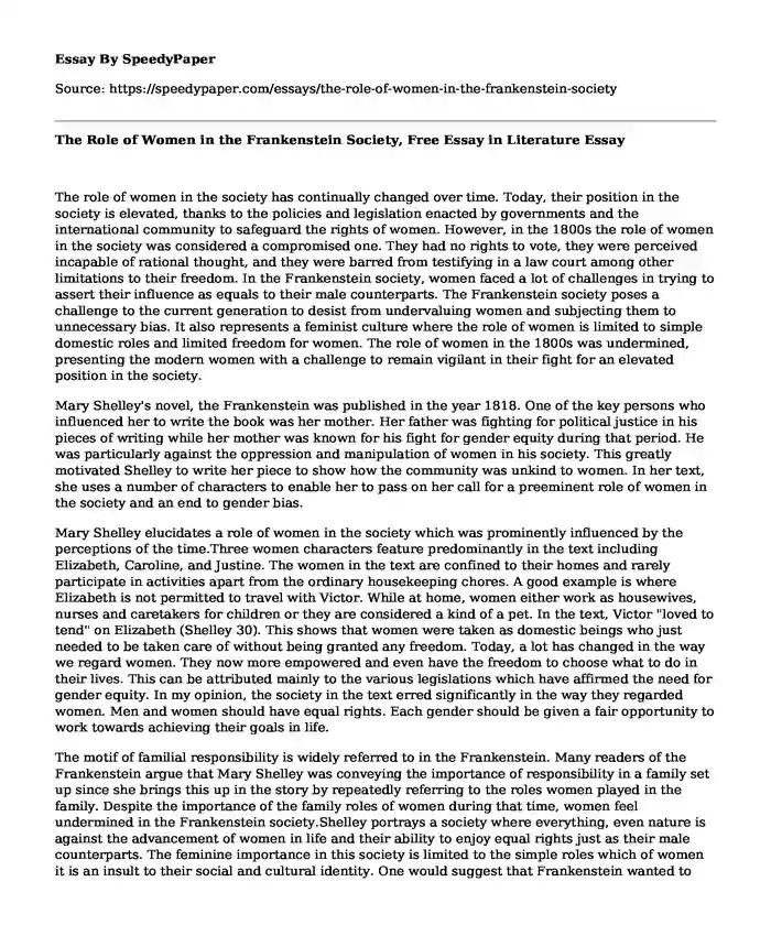 The Role of Women in the Frankenstein Society, Free Essay in Literature
