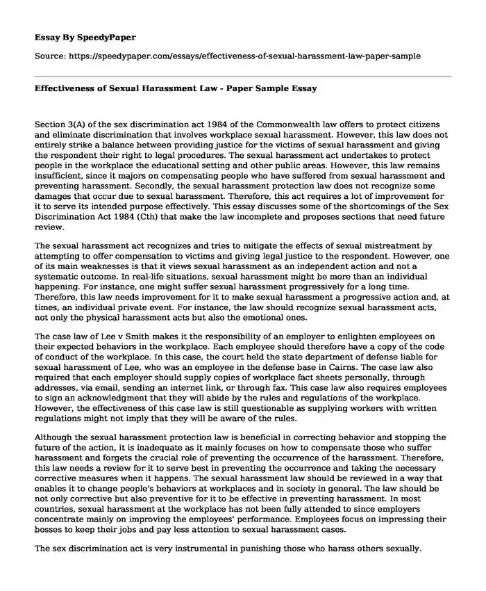 Effectiveness of Sexual Harassment Law - Paper Sample