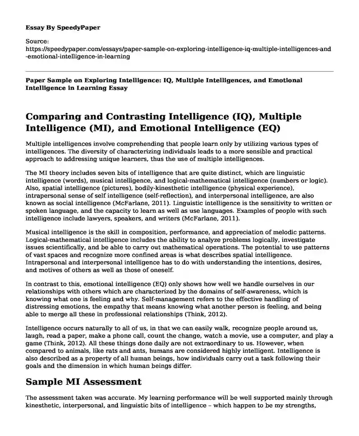 Paper Sample on Exploring Intelligence: IQ, Multiple Intelligences, and Emotional Intelligence in Learning