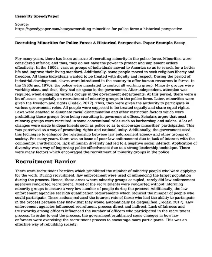 Recruiting Minorities for Police Force: A Historical Perspective. Paper Example