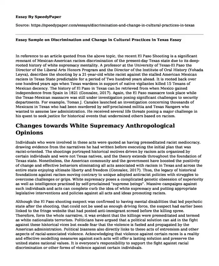 Essay Sample on Discrimination and Change in Cultural Practices in Texas