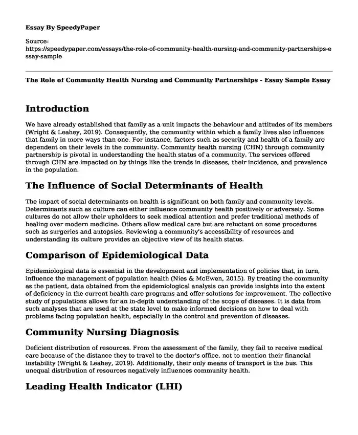 The Role of Community Health Nursing and Community Partnerships - Essay Sample