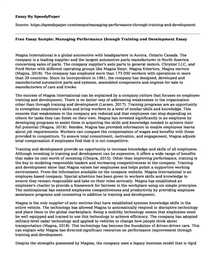 Free Essay Sample: Managing Performance through Training and Development