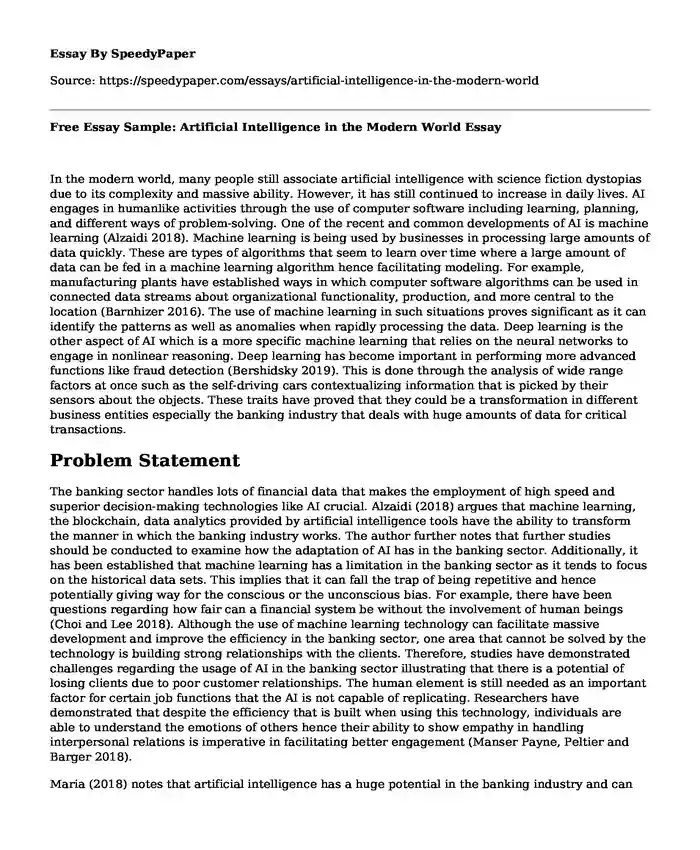 Free Essay Sample: Artificial Intelligence in the Modern World