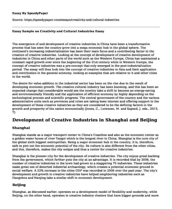 Essay Sample on Creativity and Cultural Industries