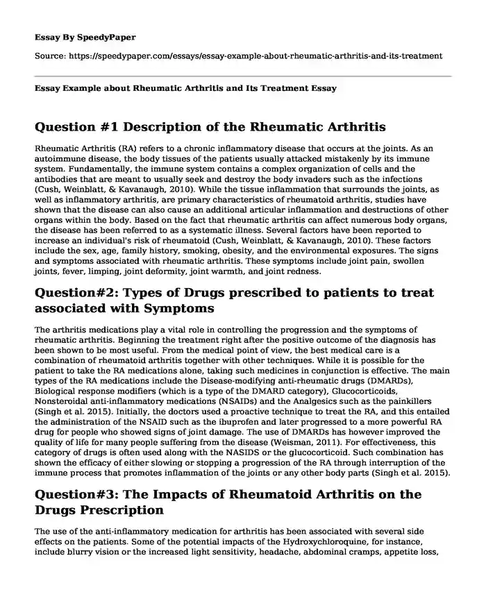 Essay Example about Rheumatic Arthritis and Its Treatment