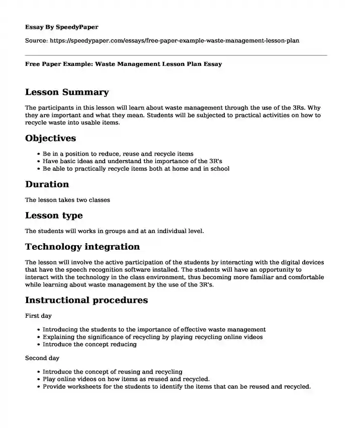Free Paper Example: Waste Management Lesson Plan