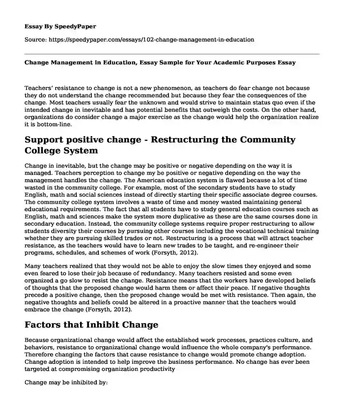 Change Management in Education, Essay Sample for Your Academic Purposes