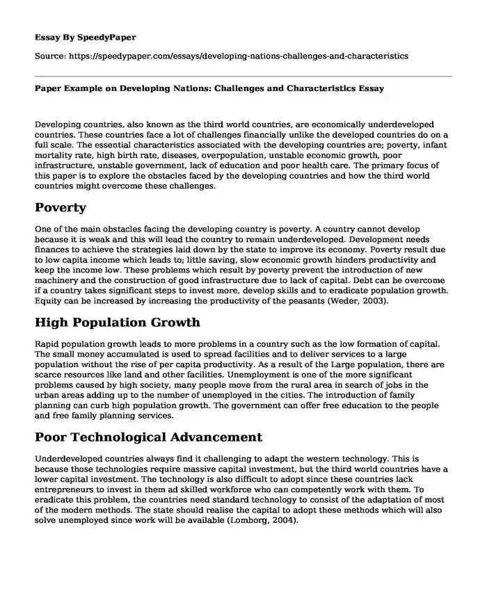 Paper Example on Developing Nations: Challenges and Characteristics