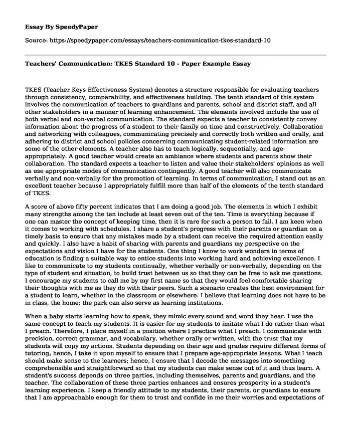 Teachers' Communication: TKES Standard 10 - Paper Example