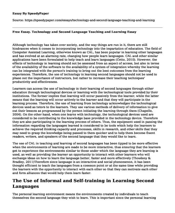 Free Essay. Technology and Second Language Teaching and Learning
