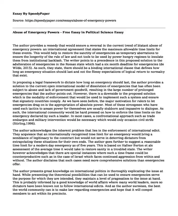 Abuse of Emergency Powers - Free Essay in Political Science