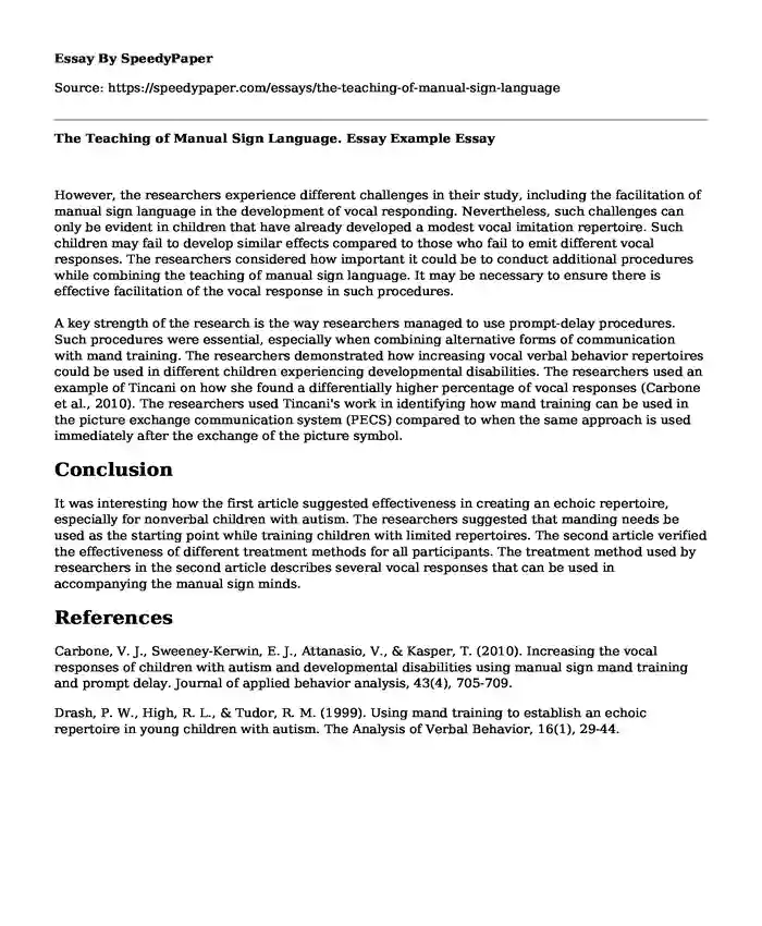 The Teaching of Manual Sign Language. Essay Example