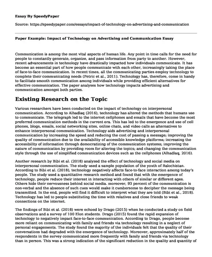 Paper Example: Impact of Technology on Advertising and Communication