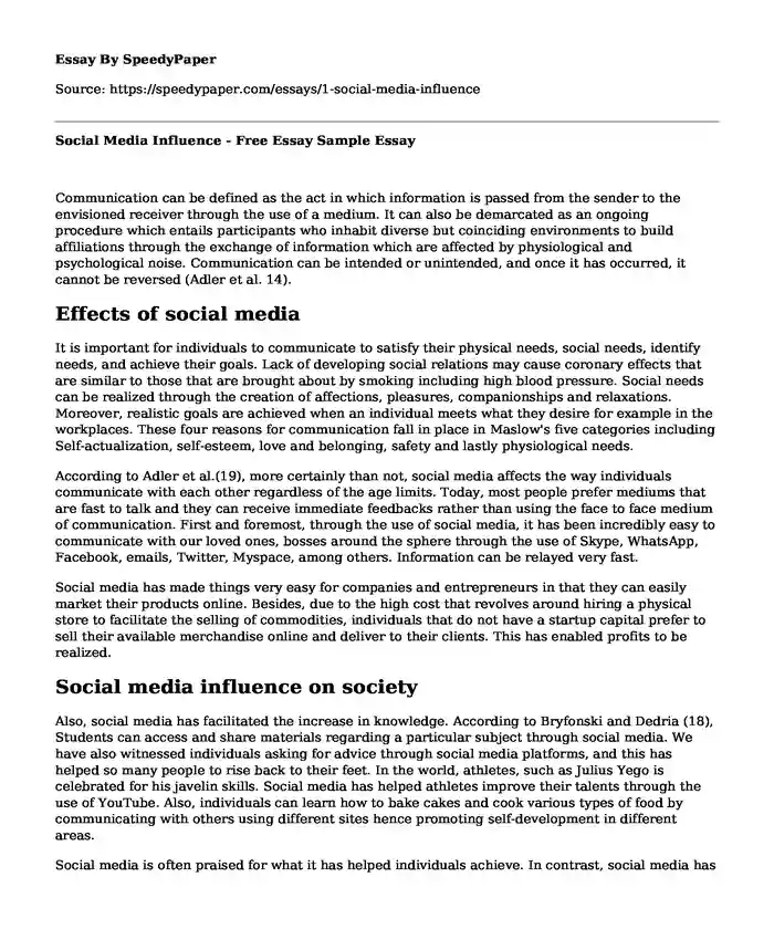 Social Media Influence - Free Essay Sample
