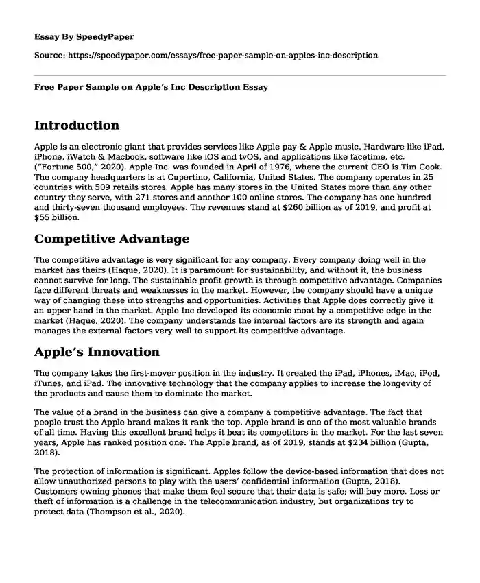 Free Paper Sample on Apple's Inc Description