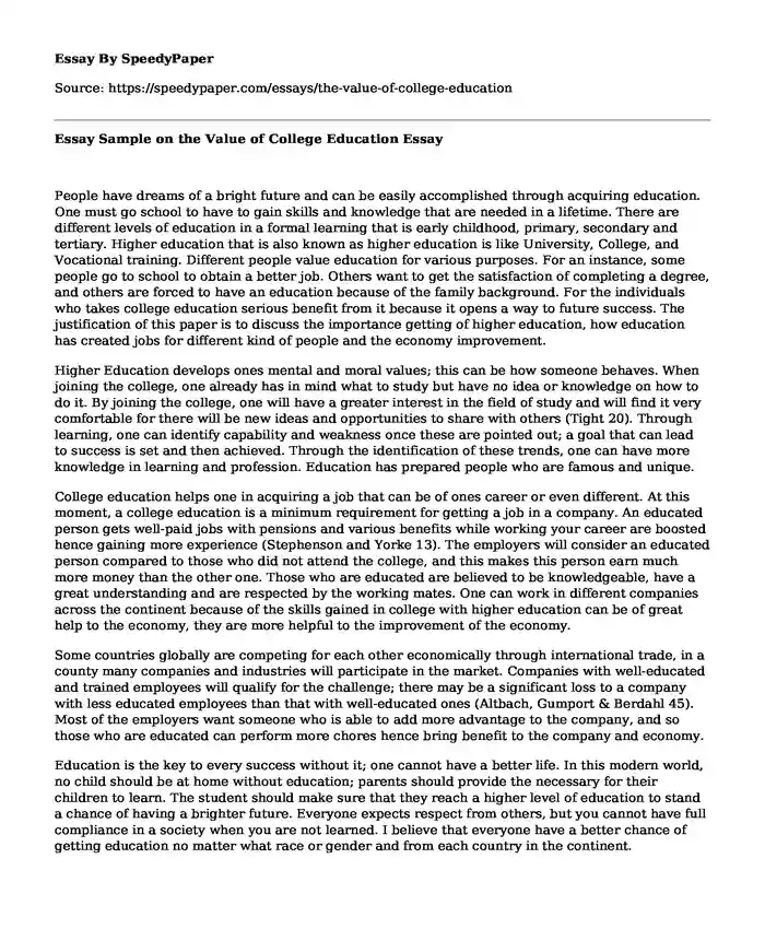 Essay Sample on the Value of College Education
