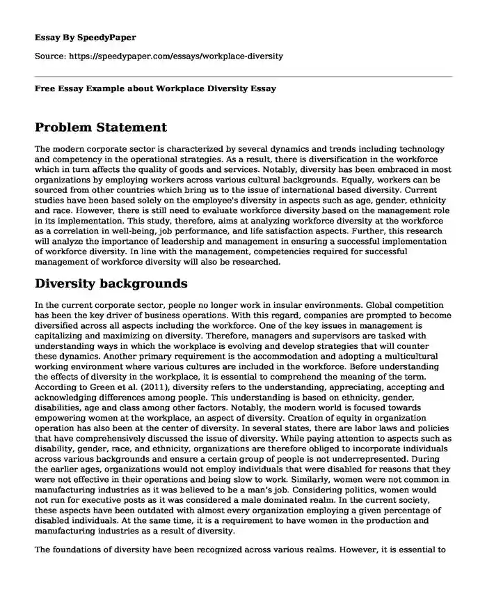 Free Essay Example about Workplace Diversity