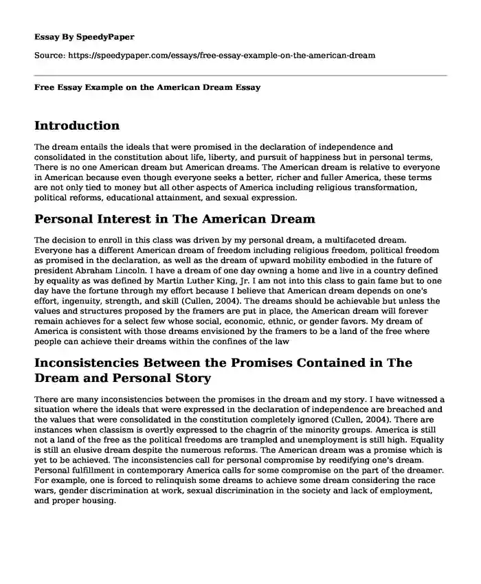 Free Essay Example on the American Dream