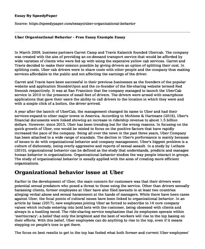 Uber Organizational Behavior - Free Essay Example