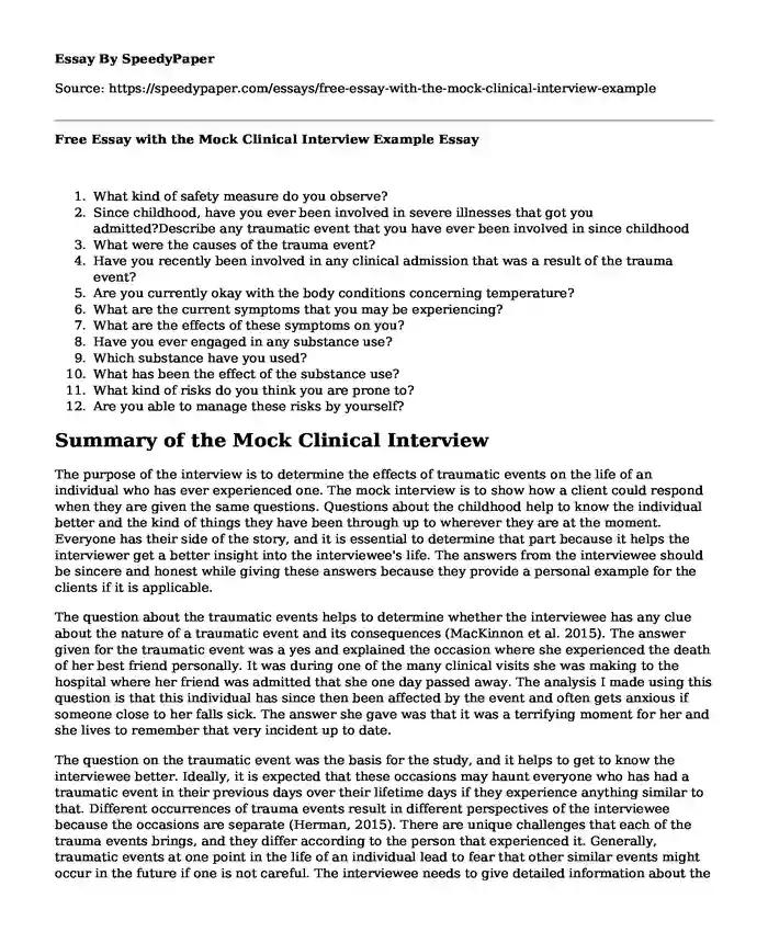Free Essay with the Mock Clinical Interview Example