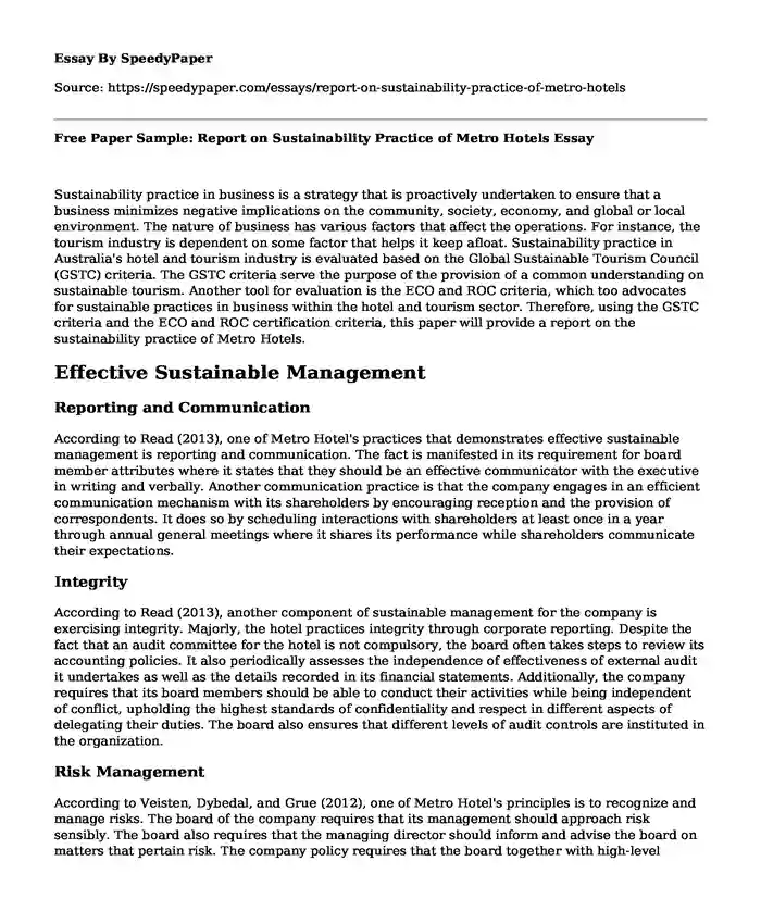 Free Paper Sample: Report on Sustainability Practice of Metro Hotels