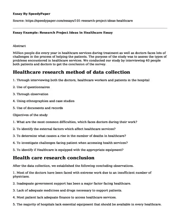 Essay Example: Research Project Ideas in Healthcare