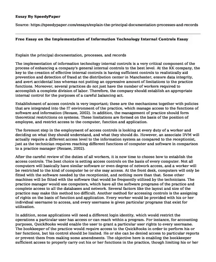 Free Essay on the Implementation of Information Technology Internal Controls