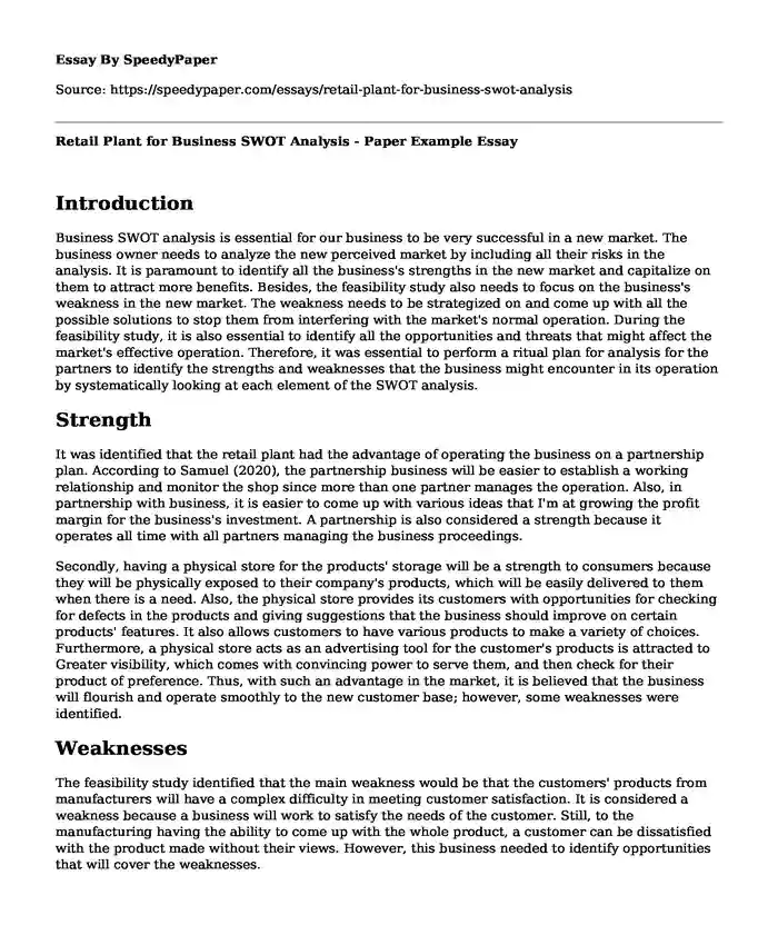 Retail Plant for Business SWOT Analysis - Paper Example