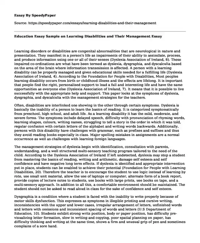Education Essay Sample on Learning Disabilities and Their Management