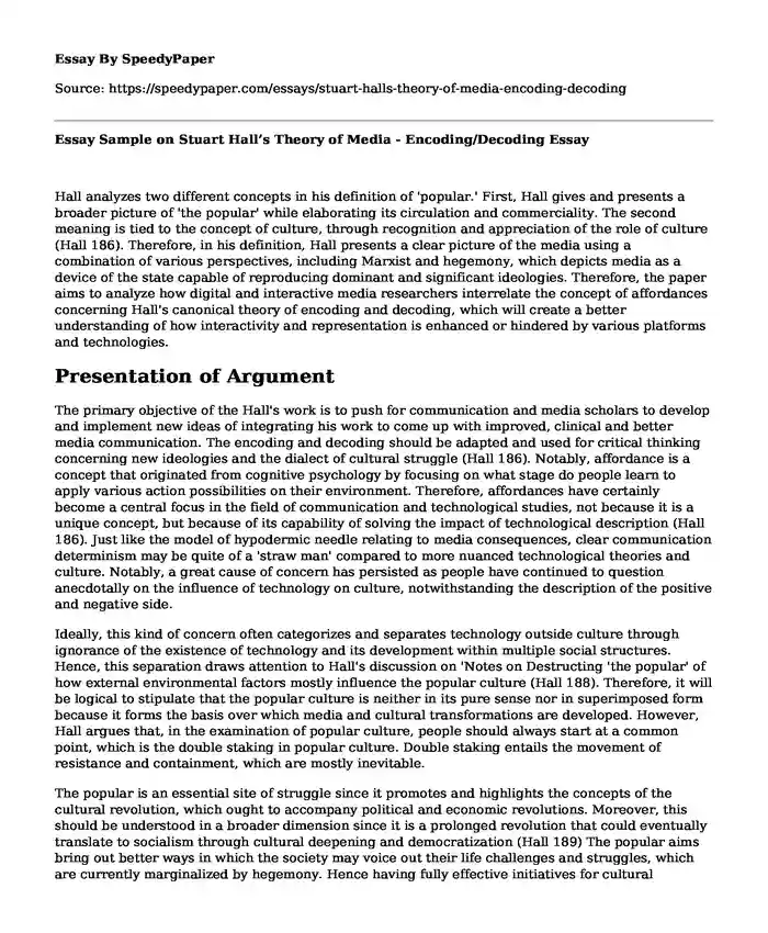 📌 Essay Sample on Stuart Hall's Theory of Media - Encoding/Decoding ...